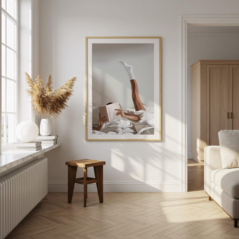 Cozy Wall Art, Lazy Morning Reading, Cozy White Sheets, Bedroom Decor, Relaxing Art Print, Home Decor, Warm Atmosphere image 6