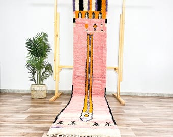 Custom Handwoven Moroccan Beni Ourain Berber Wool Runner Rug, Pink Tribal Berber Pattern Shaggy Hallway Rug, Boho Ethnic Nomadic Narrow Rug