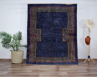 Handmade Beni Ourain Rug - Navy Blue Moroccan Wool Carpet with Geometric Kilim Border - Boho Tribal Rug for Living Room