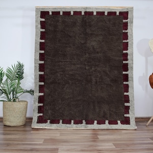 Brown Border Beni Ourain Rug, Moroccan Wool Carpet, Rustic Shag Rug, Custom Size, Farmhouse Decor, Handmade Berber Rug, Neutral Area Rug