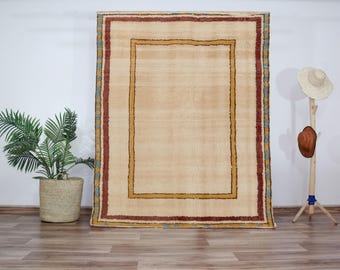 Beni Ourain Wool Rug with Multicolor Frame – Cream Moroccan Carpet with Blue, Mustard & Red Border, Hand-Knotted, Custom Sizes