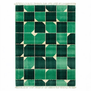 Handmade green geometric wool rug featuring bold modern Art Deco design elements, handwoven by skilled artisans using high-quality natural fibers. This luxurious area rug is perfect for adding a vibrant, graphic statement to living rooms, bedrooms, and stylish interiors. With its sharp clean lines and emerald green tones, it blends contemporary sophistication with cozy handmade warmth, ideal for designer, modern, or eclectic home decor.