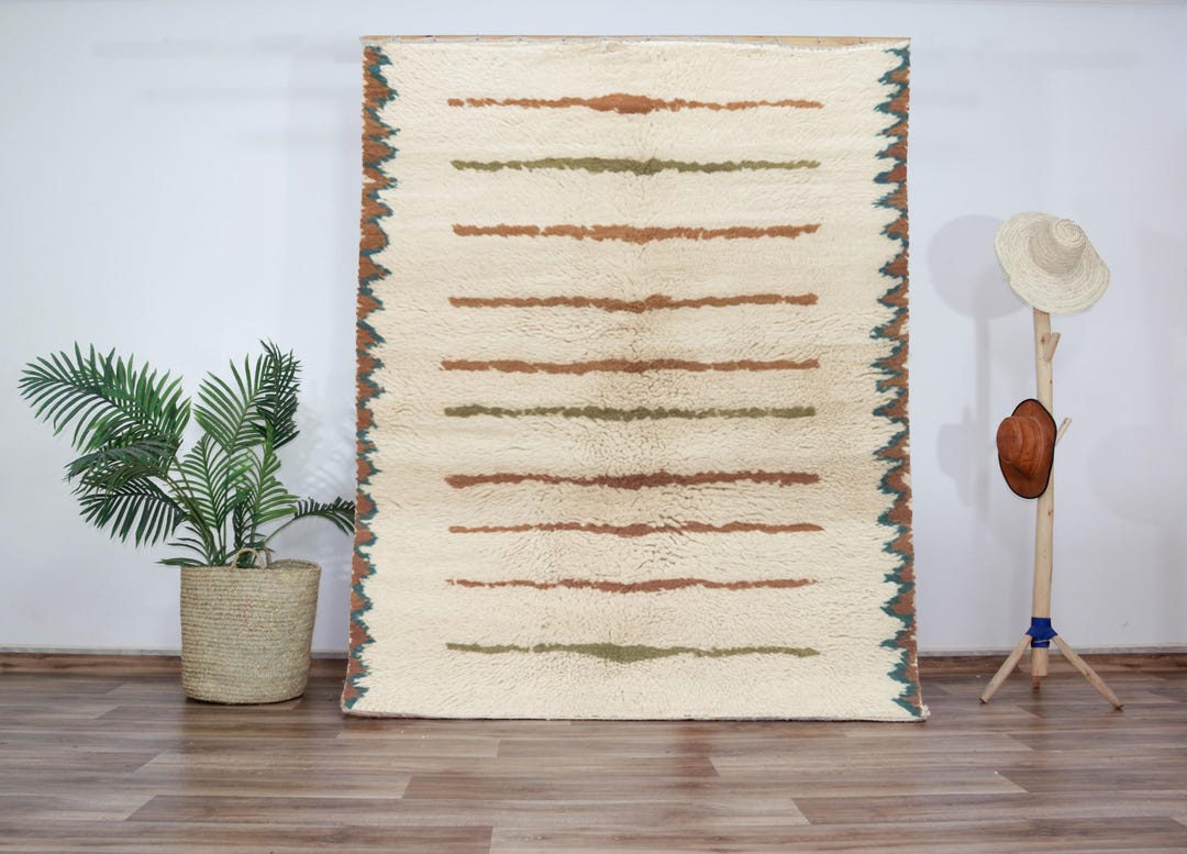 Contemporary Moroccan Beni Ourain Rug • Plush Cream Wool With Linear ...