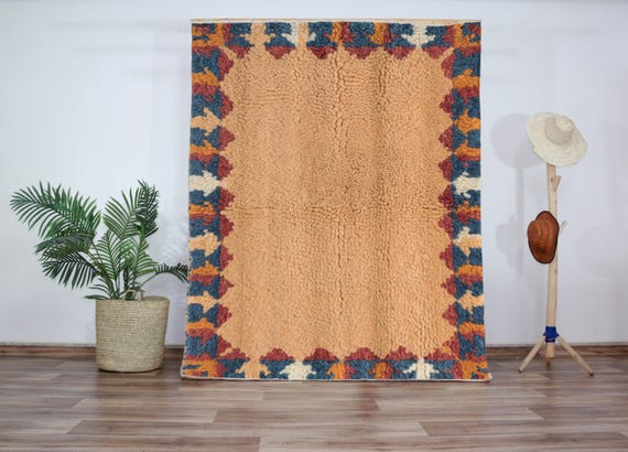 Moroccan Wool Rug | Berber Beni Ourain – Ochre Center with Colorful Frame • Artisan Handmade Carpet for Boho Interiors or Modern Dining Room