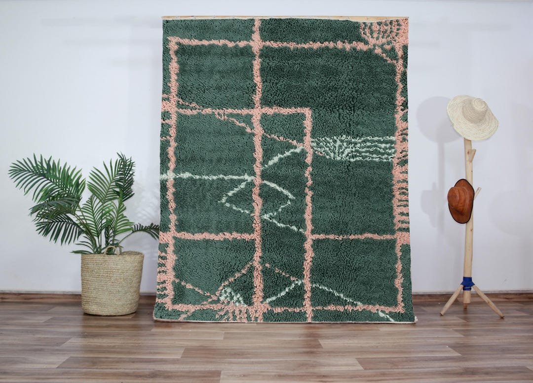 Green Beni Ourain Rug With Blush Pink Grid | Authentic Berber Wool ...