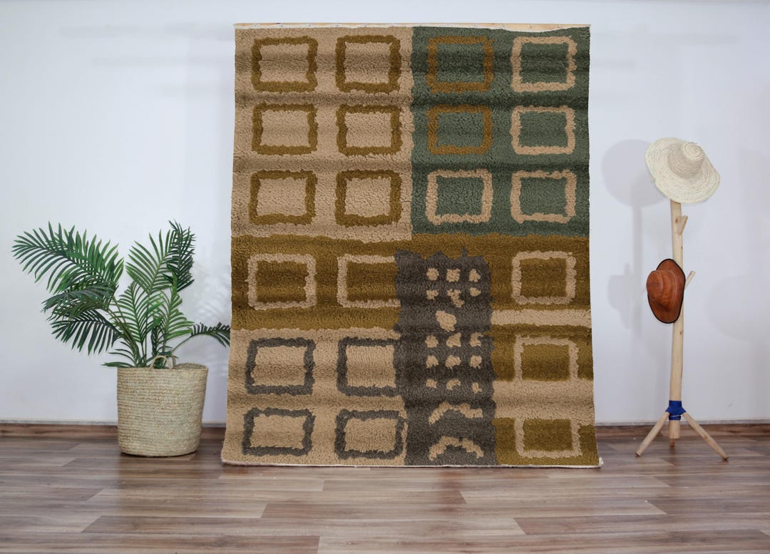 Greenarbic Rug Patterns Handmade Wool Rug – Moroccan Grid Pattern in Earth Tones | Beige, Green ...