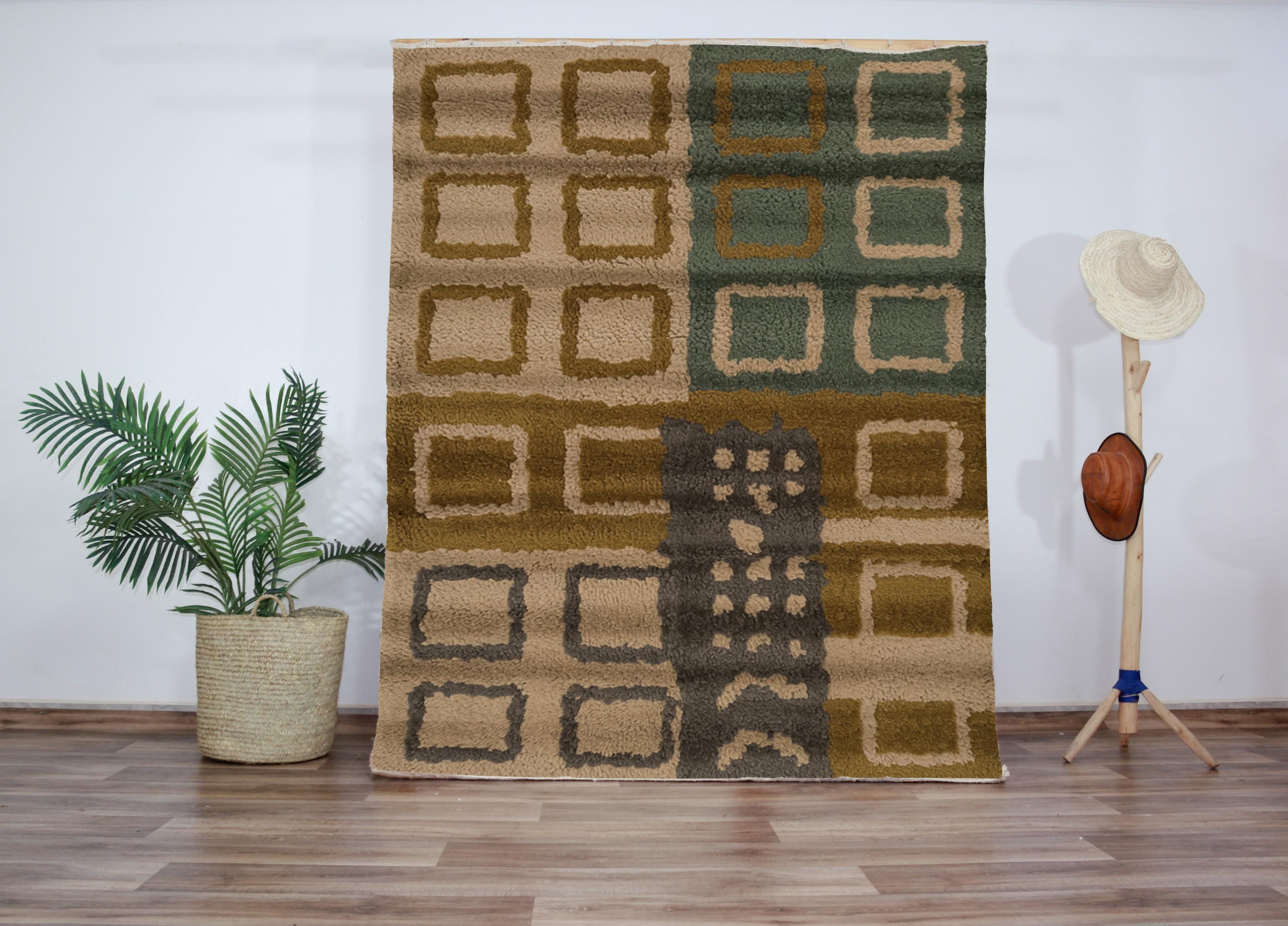 Handmade Wool Rug – Moroccan Grid Pattern in Earth Tones | Beige, Green,  Gold \u0026 Gray Berber Carpet for Living Room or Artistic Interiors, image size:3000x2157