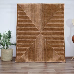 Earthy Linear Wool Area Rug - Terracotta & Cream Geometric Carpet - Warm Berber Rug, Modern Boho Living Room, Handwoven