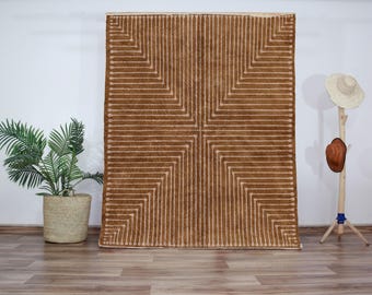 Earthy Linear Wool Area Rug - Terracotta & Cream Geometric Carpet - Warm Berber Rug, Modern Boho Living Room, Handwoven