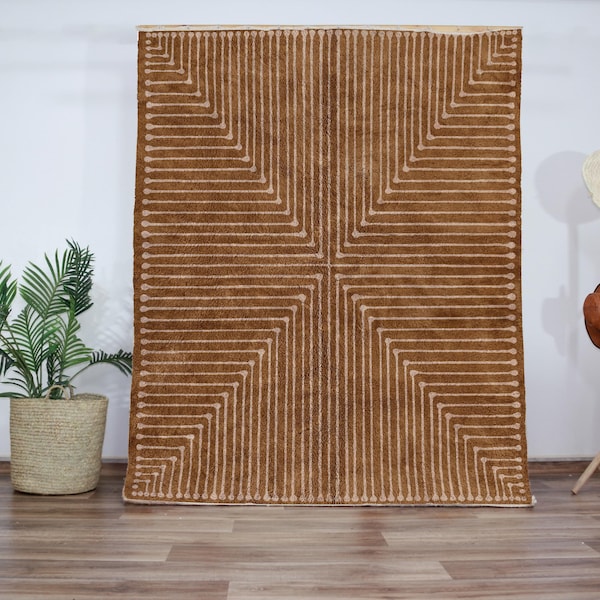 Earthy Linear Wool Area Rug - Terracotta & Cream Geometric Carpet - Warm Berber Rug, Modern Boho Living Room, Handwoven