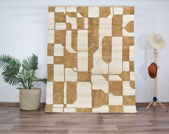 Alfombra marroquí de lana marrón – Auténtica alfombra bereber de lana anudada a mano, con estampado geométrico dorado y crema – Alfombra moderna premium para sala de estar