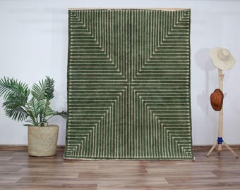 Modern Linear Wool Area Rug - Green & Cream Geometric Carpet - Calming Line Art Rug, Handwoven Berber Style, Minimalist Decor