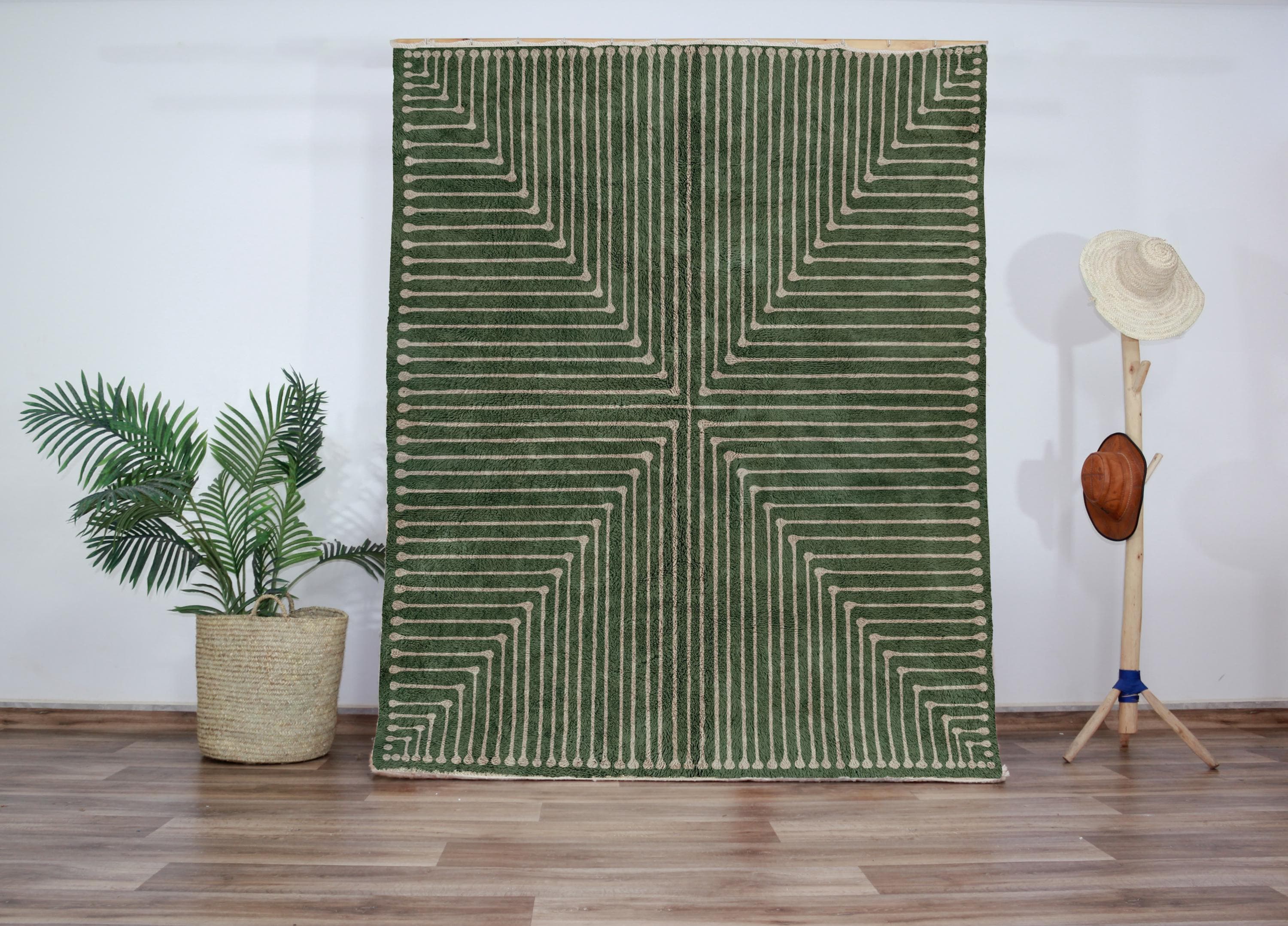 Calming Rug Modern Linear Wool Area Rug - Green & Cream Geometric Carpet - Calming ...