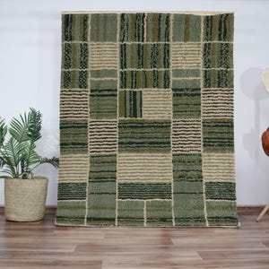 Olive Green Checkered Wool Rug, Modern Handknotted Moroccan Carpet, Geometric Stripe Pattern, Soft High Pile Area Rug in Custom Sizes
