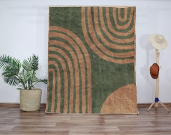 Modern Olive Green & Terracotta Arch Area Rug | Abstract Geometric Carpet for Living Room, Bedroom | Boho Scandinavian Decor