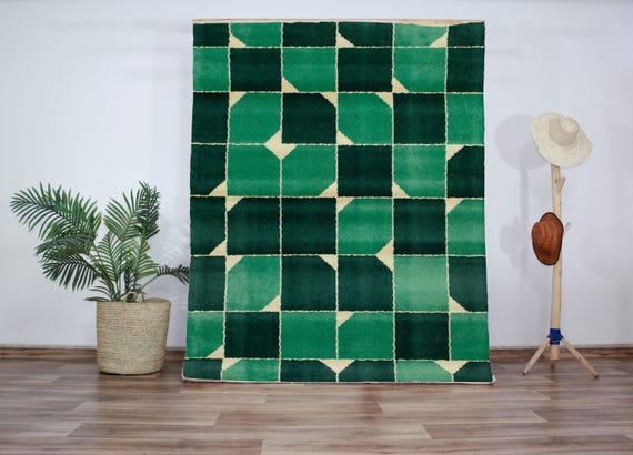 Handmade Green Geometric Wool Rug, Modern Art Deco Area Carpet, Designer Wool Accent Rug, Authentic Artisan Piece for Living Room Decor