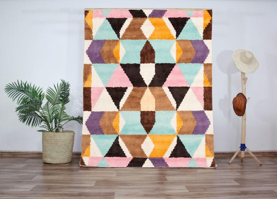 Handmade Colorful Geometric Wool Rug, Modern Art Deco Wool Carpet, Hand-Knotted Area Rug for Living Room, Bedroom, or Creative Spaces