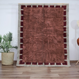 Terracotta Border Beni Ourain Rug, Moroccan Berber Carpet, Earthy Shag Rug, Custom Wool Area Rug, Handmade, Warm Rustic Home Decor