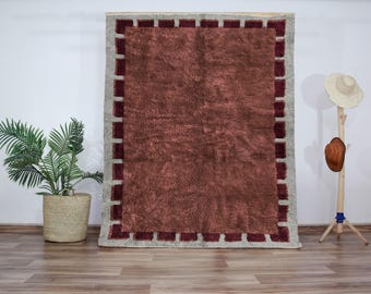 Terracotta Border Beni Ourain Rug, Moroccan Berber Carpet, Earthy Shag Rug, Custom Wool Area Rug, Handmade, Warm Rustic Home Decor
