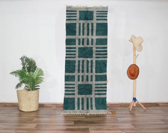 Berber Marokkanischer Läufer Teppich, Teal Geometrischer Flurteppich, Handgewebter Wollläufer, Boho Eingangsteppich, Langer schmaler Teppich