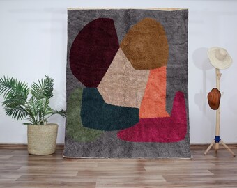 Charcoal Gray Moroccan Wool Rug – Abstract Colorblock Carpet – Handmade Beni Ourain Wool Rug – Custom Boho Area Rug for Living Room