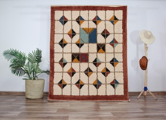 Geometric Grid Wool Rug – Multicolor Beni Ourain Carpet with Mosaic Tile Pattern | Authentic Moroccan Boho Living Room Statement Piece