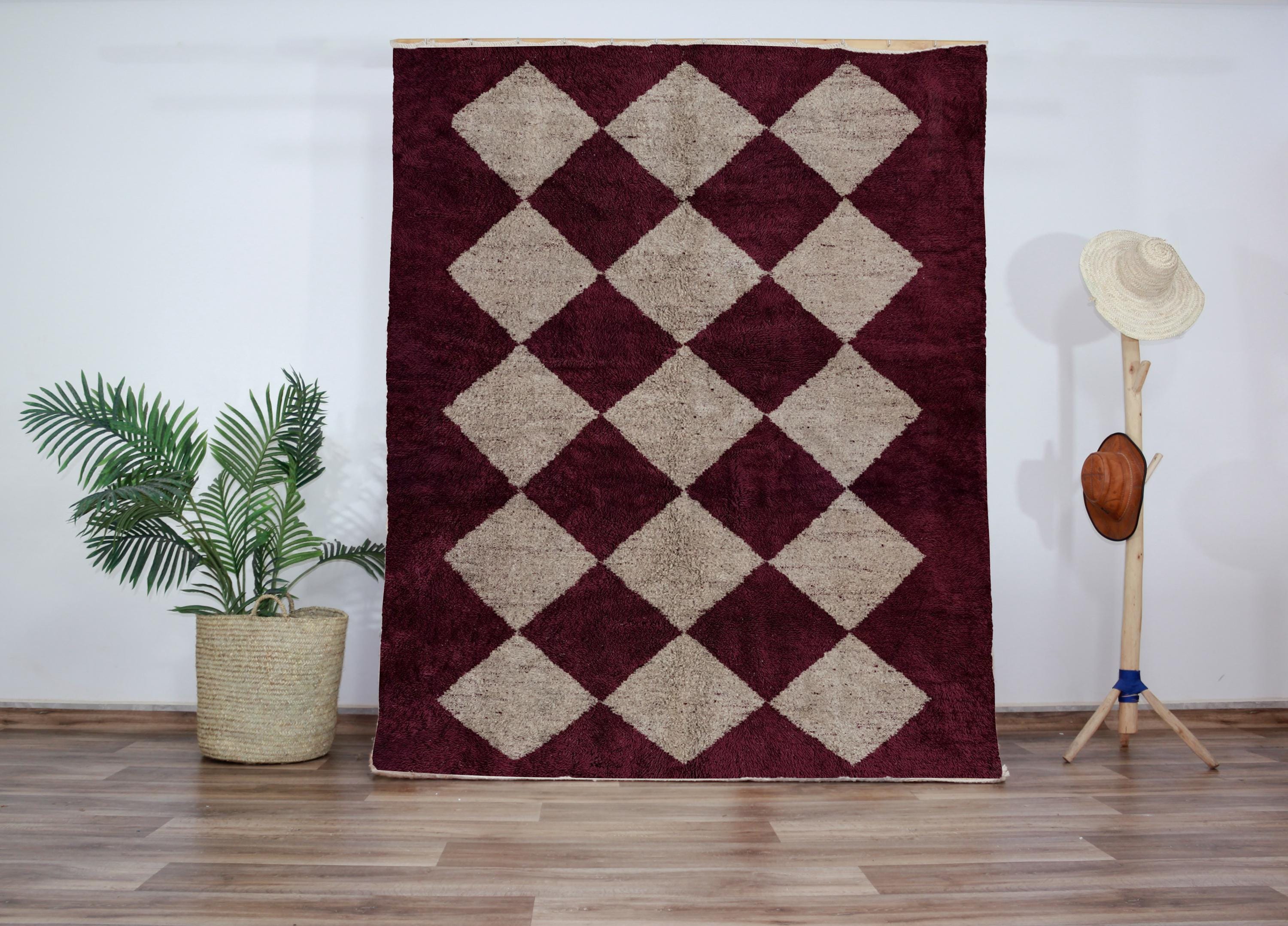 Burgundy Beni Ourain Rug, Wine Moroccan Berber Carpet, Diamond Shag Rug, Custom Wool Area Rug, Vintage Inspired Home Decor, Handmade Carpet