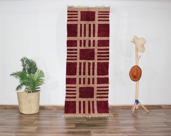 Red Berber Moroccan Runner Rug, Geometric Hallway Rug, Handwoven Wool Runner, Bohemian Entry Rug, Burgundy Narrow Rug