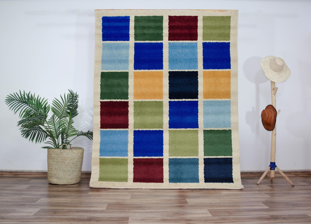 Handwoven Wool Color Block Rug, Multicolor Modern Area Carpet, Vibrant ...