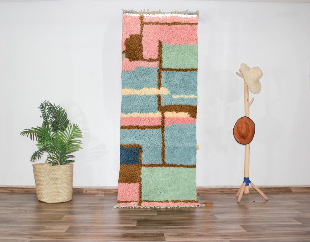 Pastel Moroccan Wool Runner Rug – Handwoven Berber Corridor Carpet in ...