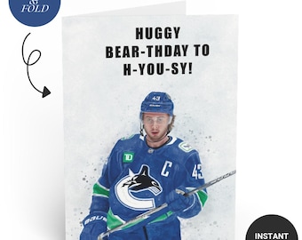 Tarjeta de cumpleaños de descarga instantánea, tarjeta PDF personalizada, impresión en casa, divertido Quinn Hughes, imprimible, Punny Canucks, temática de hockey sobre hielo, fanático de la NHL,