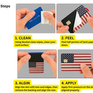 Pode incluir: Um guia passo a passo mostra como aplicar uma capa para cart&atilde;o de cr&eacute;dito com um design de bandeira americana. O processo envolve limpar o cart&atilde;o, descascar o verso, alinhar a capa e aplicar press&atilde;o. O texto "4 Easy Steps" est&aacute; no topo.