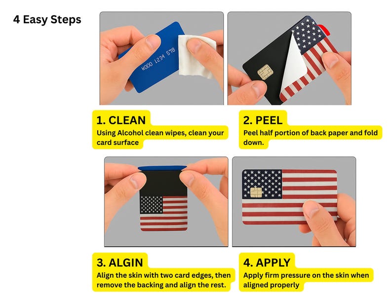 Pode incluir: Um guia passo a passo mostra como aplicar uma capa para cart&atilde;o de cr&eacute;dito com um design de bandeira americana. O processo envolve limpar o cart&atilde;o, descascar o verso, alinhar a capa e aplicar press&atilde;o. O texto "4 Easy Steps" est&aacute; no topo.
