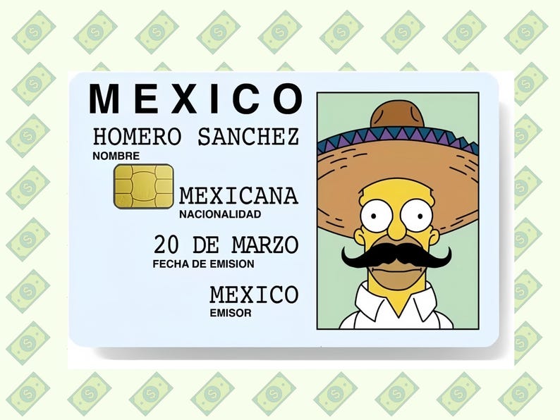 Funny Mexican cartoon ID design featuring a Homer-inspired character wearing a sombrero on a parody credit card skin with chip cutout