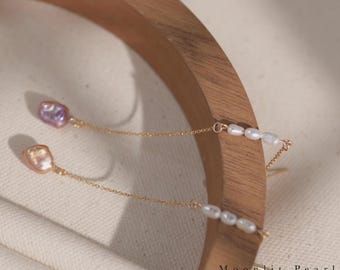 Baroque Purple Freshwater Pearl Threader Earrings | 14K Gold Filled Dangle Minimalist Jewelry