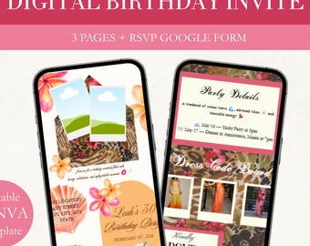 Tropical Sunset Beach Birthday Invitation Template, Interactive Canva Invite (Digital Download)