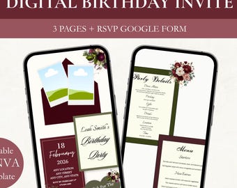 Burgundy Birthday Interactive Digital Invite, Envelope-Opening Canva Template, Editable Mobile eCard, Instant Download