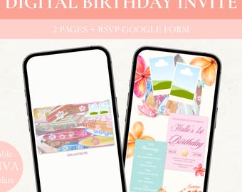 Surfer Beach Birthday Invitation, Interactive Digital Invite, Envelope Opening Canva Template, Editable Pastel Beach Party Invitation