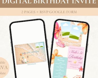 Pastel Beach Birthday Invitation Template, Editable Canva Digital Invite, Interactive Coastal Party Invitation, Shell Invite