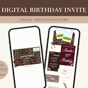 May include: Two smartphones displaying digital birthday invitations. The invitations feature a leopard print design and include details such as date, time, and location. The text "DIGITAL BIRTHDAY INVITE" and "Editable CANVA Template" are visible.