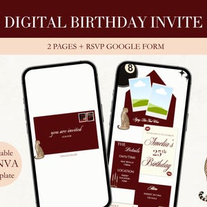 Könnte beinhalten: Digitale Geburtstagseinladungsvorlage, die auf zwei Smartphones angezeigt wird. Das Design hat ein bordeauxrotes Farbschema mit Gepardenillustrationen. Der Text enthält "DIGITAL BIRTHDAY INVITE" und "2 PAGES + RSVP GOOGLE FORM".