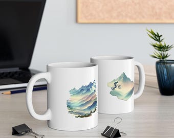 Pastel Watercolor Mountainbiking Ceramic Mug, (11oz, 15oz)