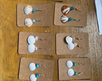 Shell earrings: white shell,  bead or sea glass, silver or gold