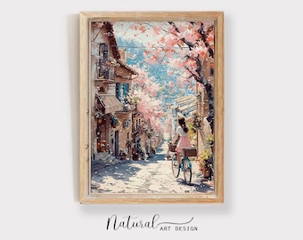Springtime Stroll in Paris&quot; - Vertical Wall Art Print - Cherry Blossom Street Scene - Romantic Paris Artwork
