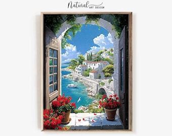 Mediterranean Coastal Village Art Print | Scenic Ocean View Wall Art | Coastal Decor for Home | Nautical Wall Art for Living Room