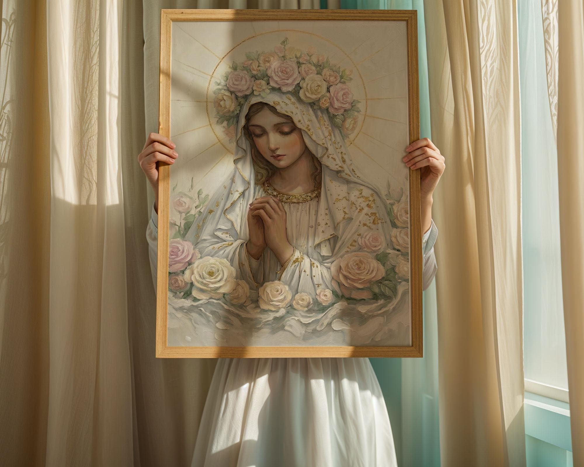 Virgin Mary Prayer Wall Art Print, White & Gold Floral Halo Madonna ...