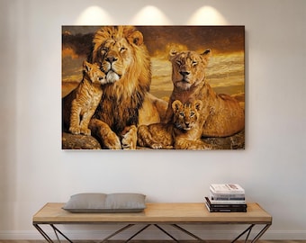 Lion Family Canvas Wall Art | Safari Wildlife Poster Print | Majestic Lion Painting Home Decor