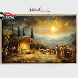 Arte mural de pueblo navideño / Impresión de escena navideña nevada / Decoración navideña rústica / Obra de arte festiva de invierno para el hogar