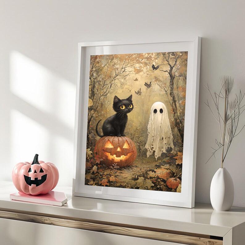 Vintage Halloween Art Print - Black Cat With Pumpkin and Ghost in ...