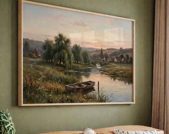 Riverside Sunset Landscape Painting, Rustic Cottage River Canvas Print, Vintage Countryside Wall Art